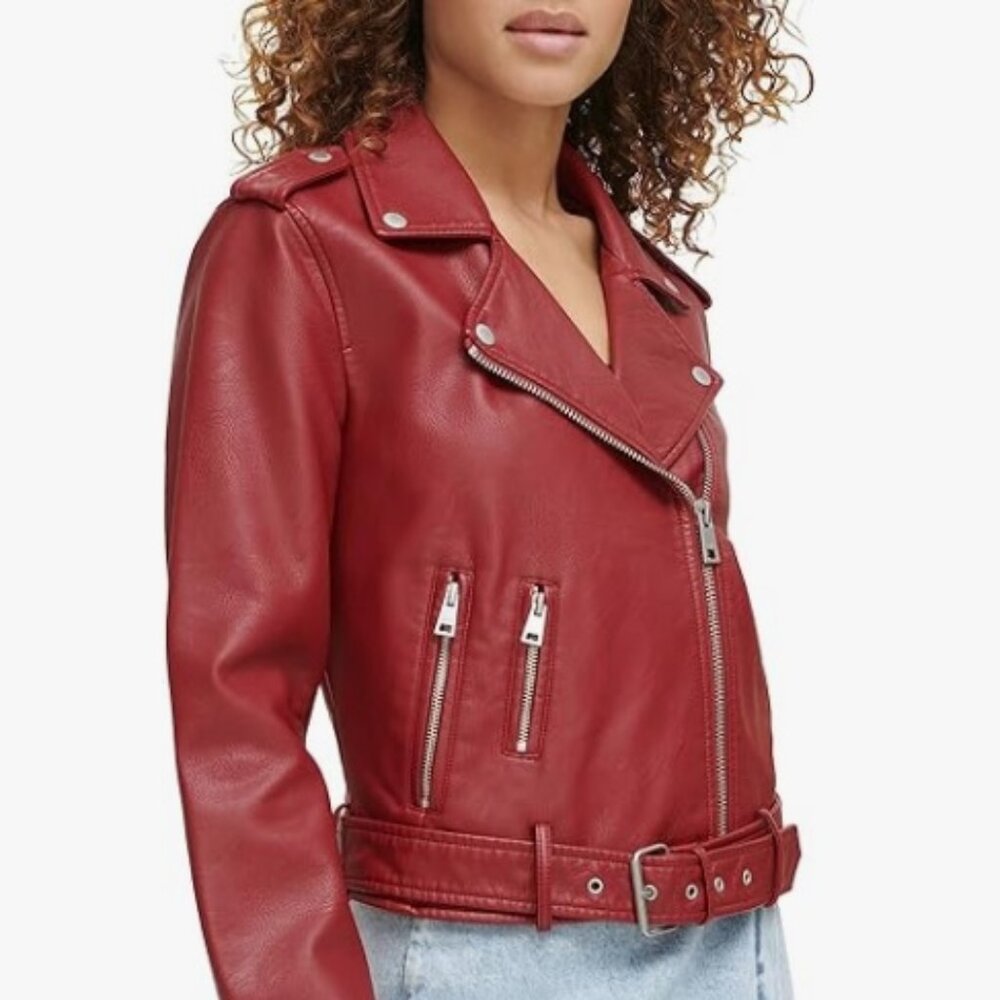 XL💕 Levi's Belted Motorcycle Red Wine Faux Leather Jacket